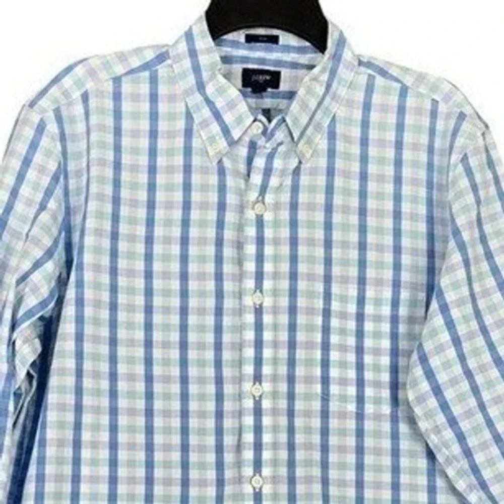 J Crew Slim Fit Office Shirt Mens L Blue Gingham Plaid Button Up Preppy Classic